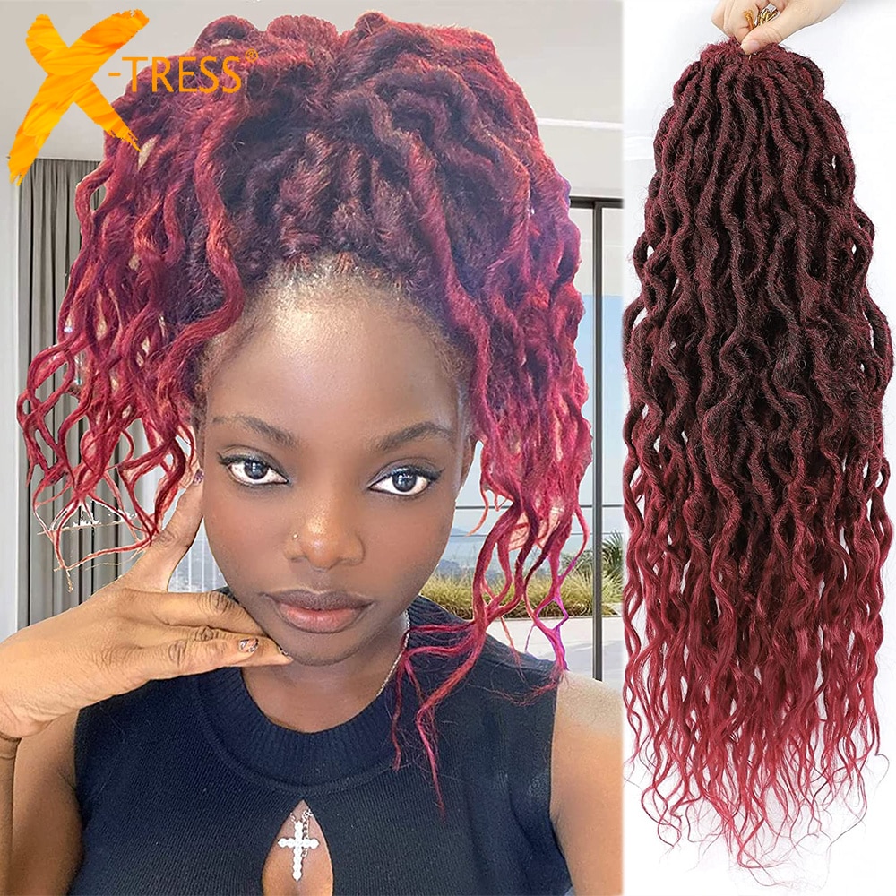 Ombre Burgundy Synthetic Braid Hair Extension Goddess Curly Locs Long Pre Looped Knotless Faux Locs Low Temperature X-TRESS
